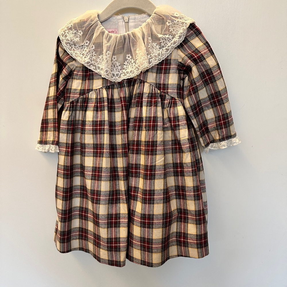 La Coqueta Aralia Tartan Plaid Dress with Lace Collar, Size 3